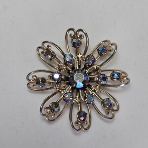 Vintage Gold and Blue Rhinestone Brooch